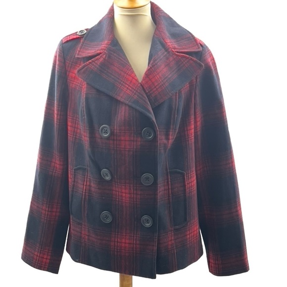 Red Black Plaid Wool Blend Pea Coat Jacket - Picture 1 of 5